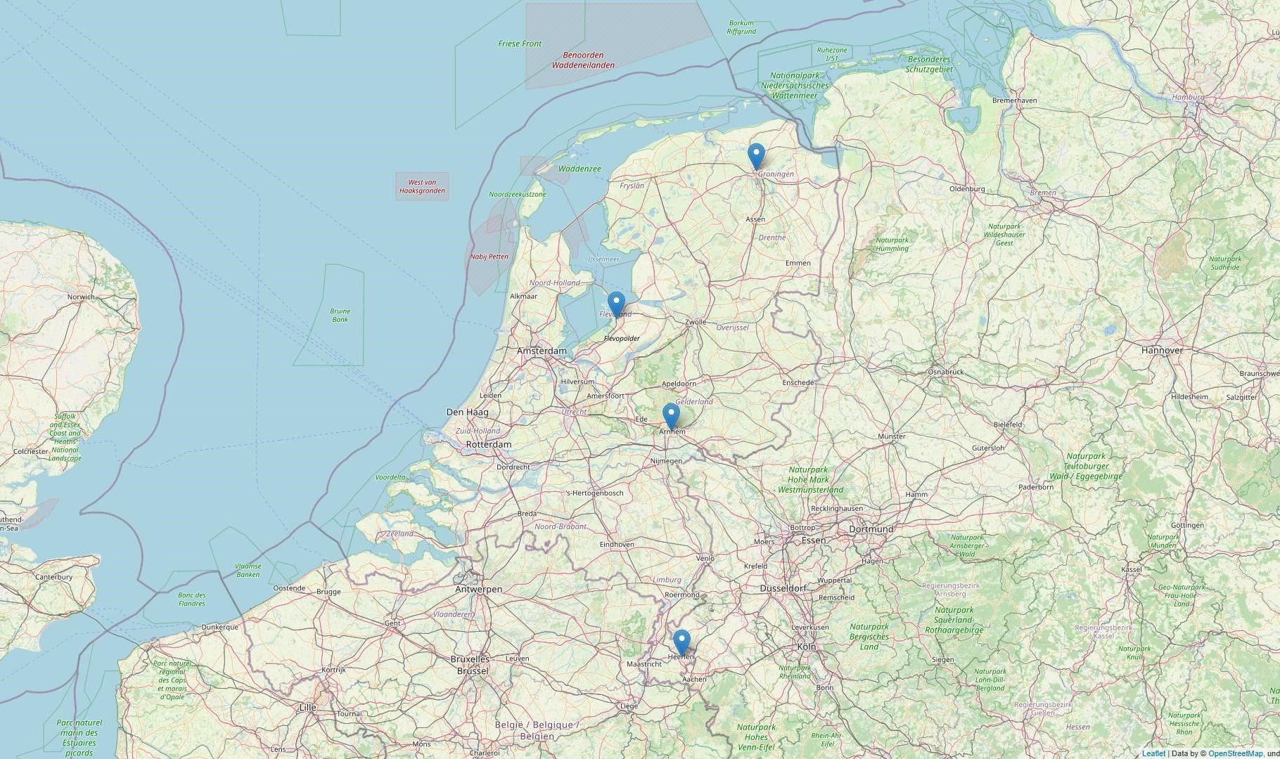 Kaart van Nederland met de locatie van Groningen, Lelystad, Arnhem en Heerlen