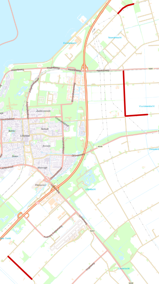 De rood gemerkte wegen zijn de wegen waar werkzaamheden uitgevoerd worden
