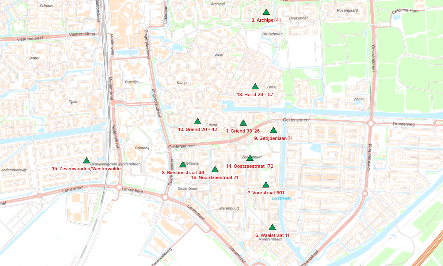 Kaart van speelplekken in Lelystad-zuidoost