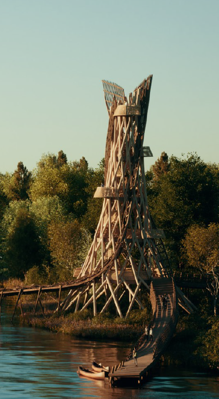 Impressie van de uitkijktoren in Nationaal Park Nieuw Land (bron: Walden Studio en Natrufied architecture)