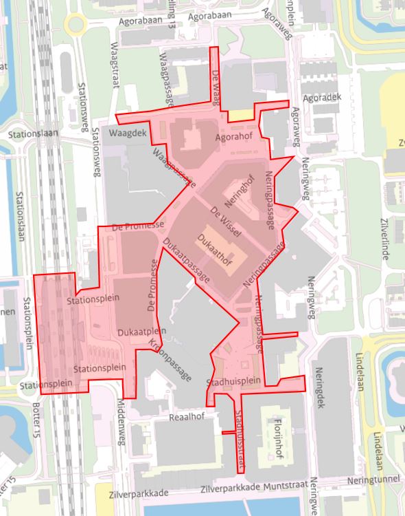 Plattegrond waar met rood is ingekleurd waar het verboden is om een fiets te parkeren