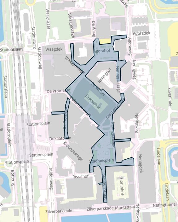 Plattegrond waarop het voetgangersgebied blauw is ingekleurd