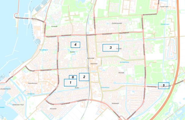Kaart met de zes locaties