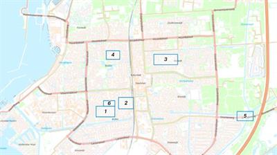 Kaart met de zes locaties