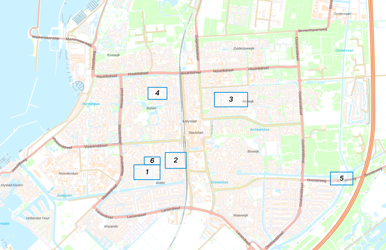 Overzichtkaart Lelystad met de zes onderzoekslocaties voor woningbouw