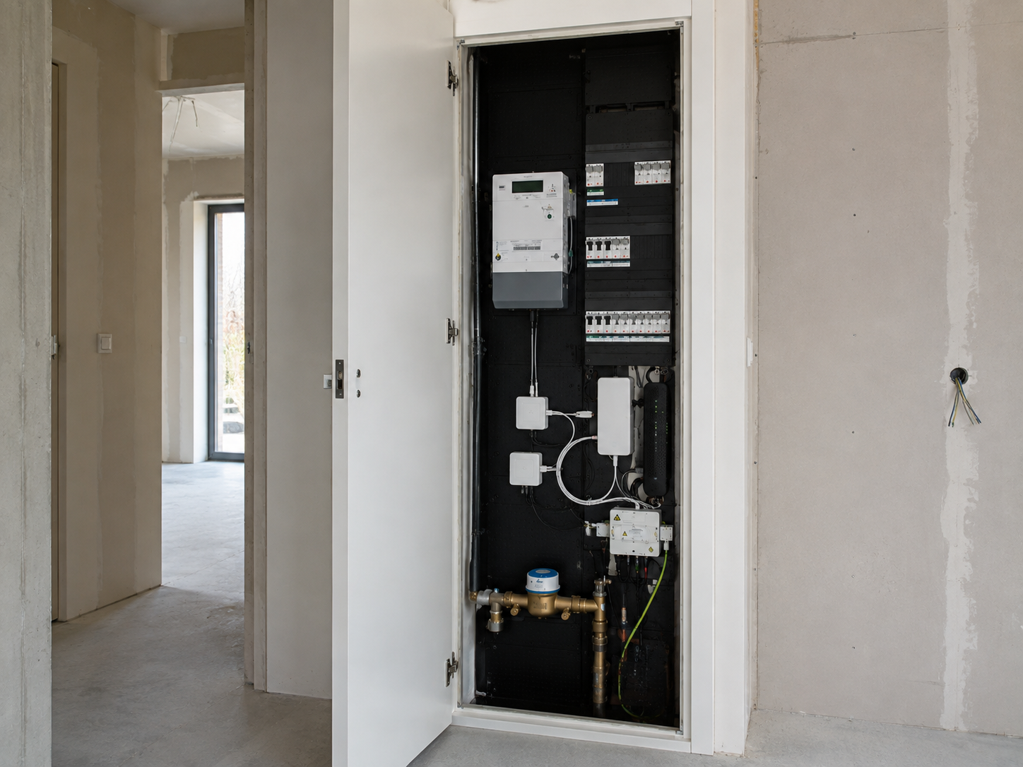 Meterkast in nieuwbouwwoning (afbeelding gemaakt met hulp van AI)